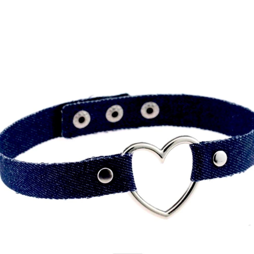 Silver Heart & Denim Choker Necklace Women Color Indigo